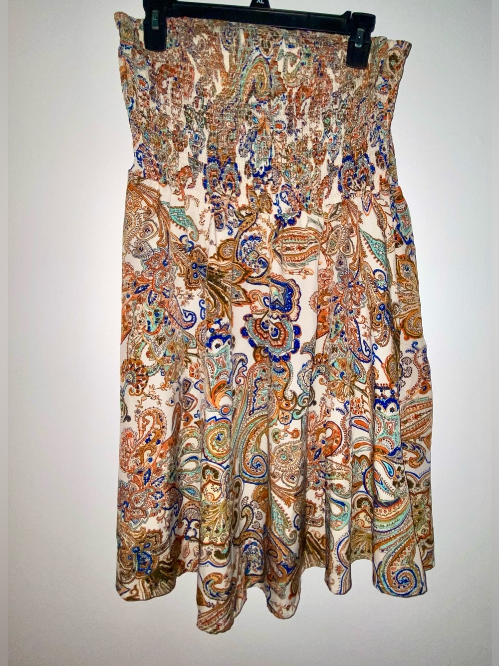 SHEIN Cream Paisley Smocked Above the Knee Dress with Blue & Brown Accents